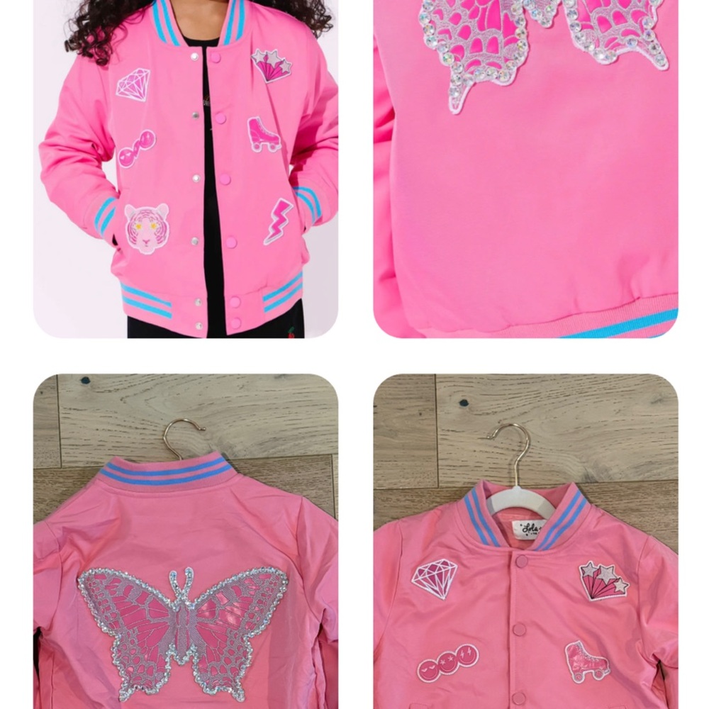 Pink Sequin Butterfly Bomber Jacket with Patch Details